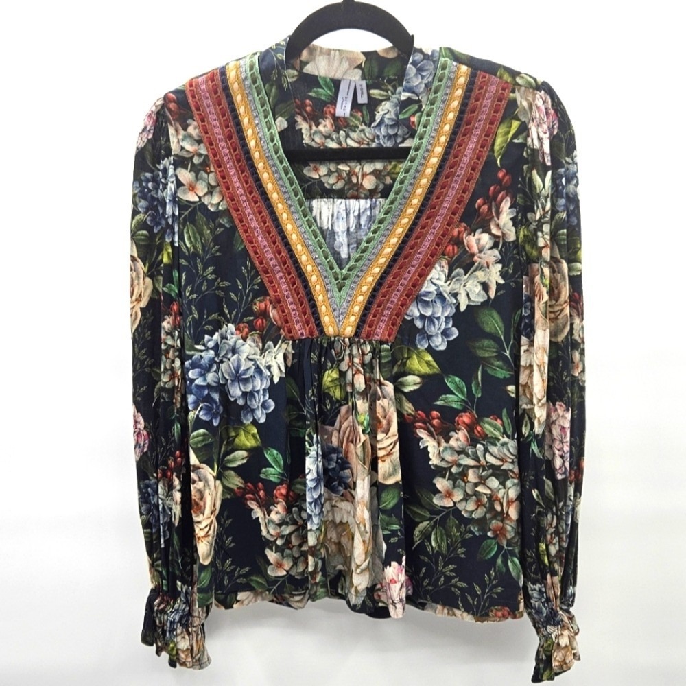 Blank London Dark Floral‎ Crochet V-Neck Blouse Long Sleeve Boho Top XS Small